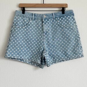 Zara Eyelet Denim High Waist Mom Embroidered Shorts Dainty Lightwash Openwork 8